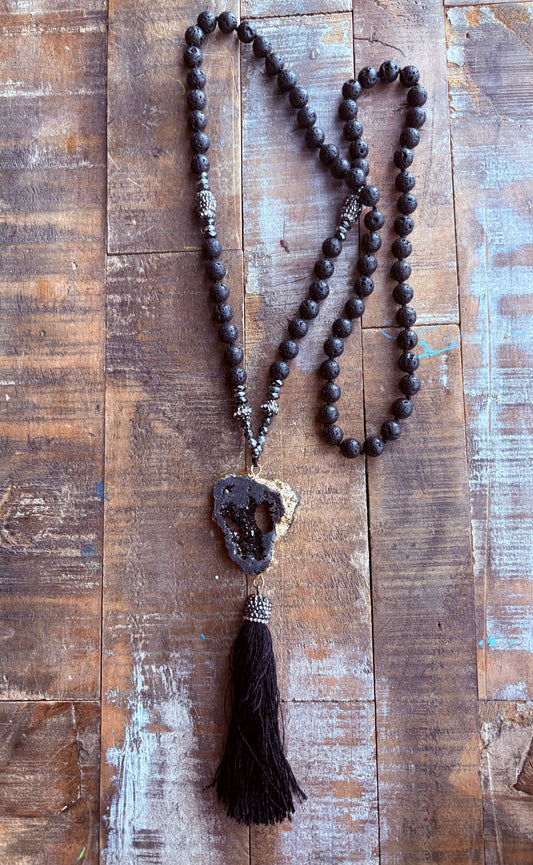 Shadow + Spark Geode Lava Stone Mala Necklace