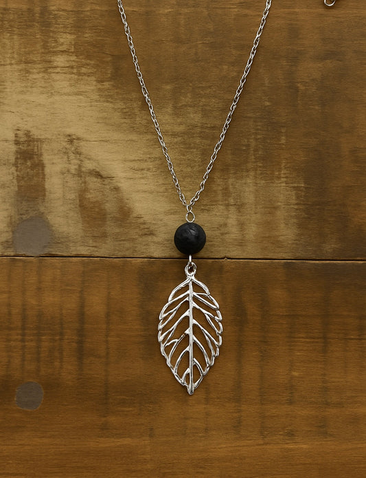 Silver Leaf & Lava Necklace