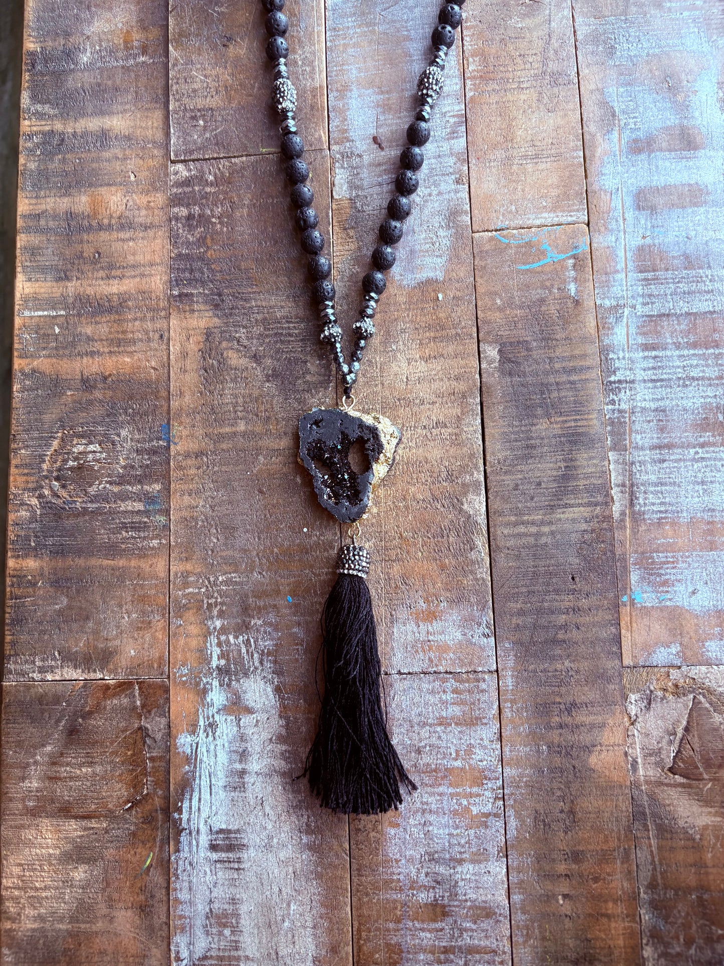 Shadow + Spark Geode Lava Stone Mala Necklace