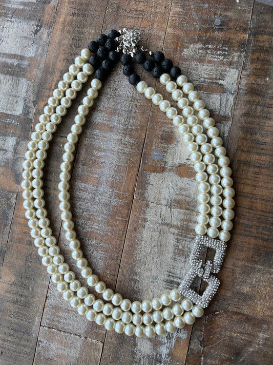 Three-Strand Pearl & Lava Statement Necklace